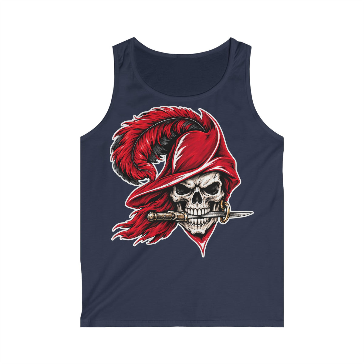 Skull Musketeer Tank Top — Red Feathered Pirate Skull Graphic