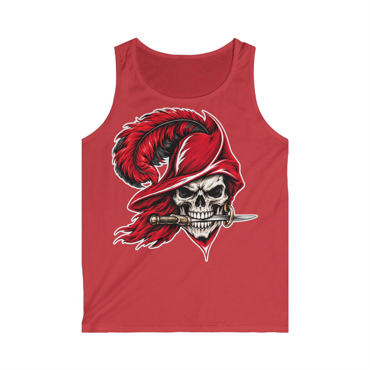 Skull Musketeer Tank Top — Red Feathered Pirate Skull Graphic