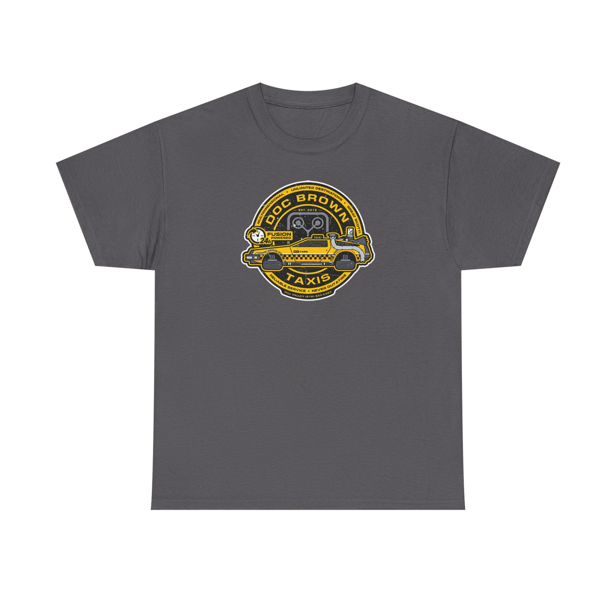 Vintage Taxi Badge T-Shirt — 'Doc Brown Taxis' Retro Cab Logo Tee