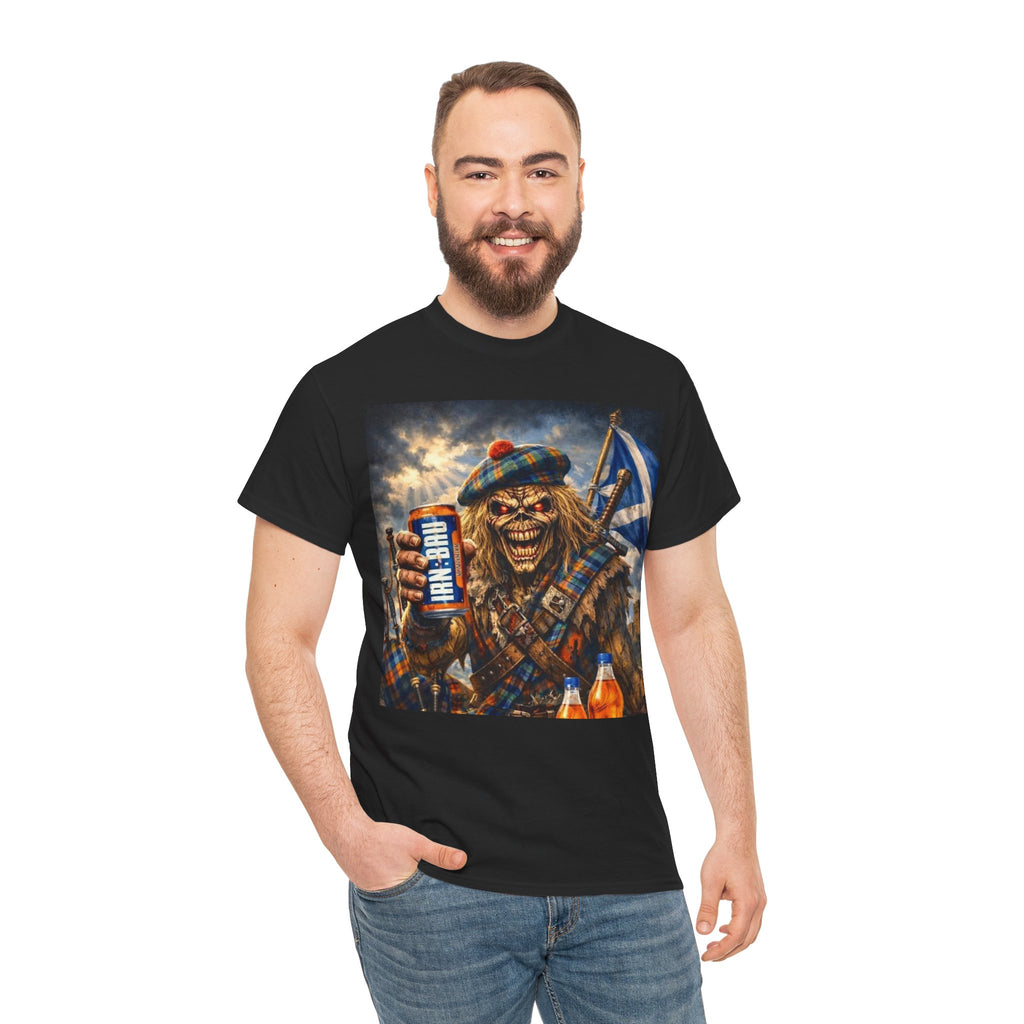 Scottish Rock Skull T‑Shirt — Eddie the Piper with Flag & Can Graphic Tee