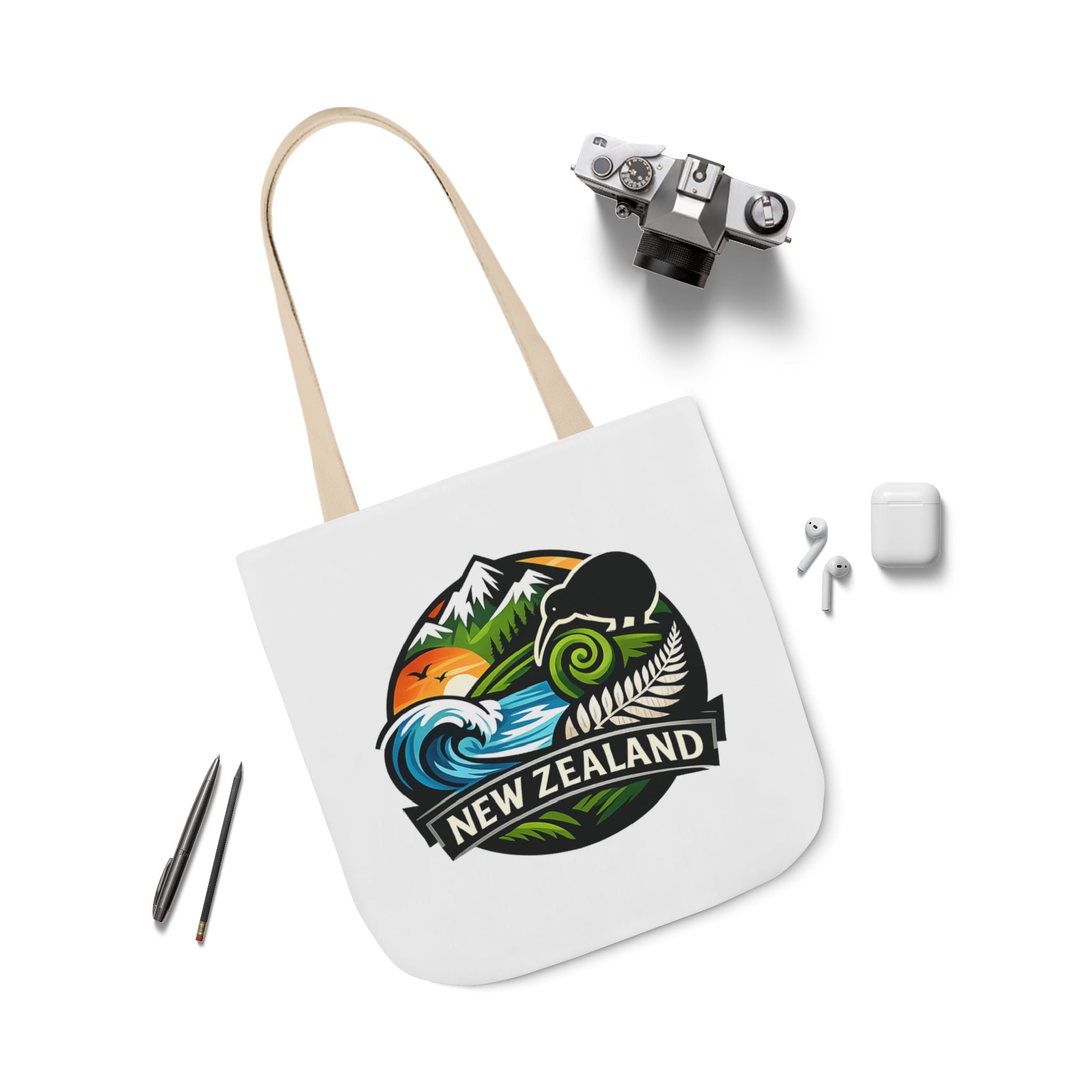 New Zealand Scenic Tote Bag — Kiwi, Mountains & Waves Canvas Tote