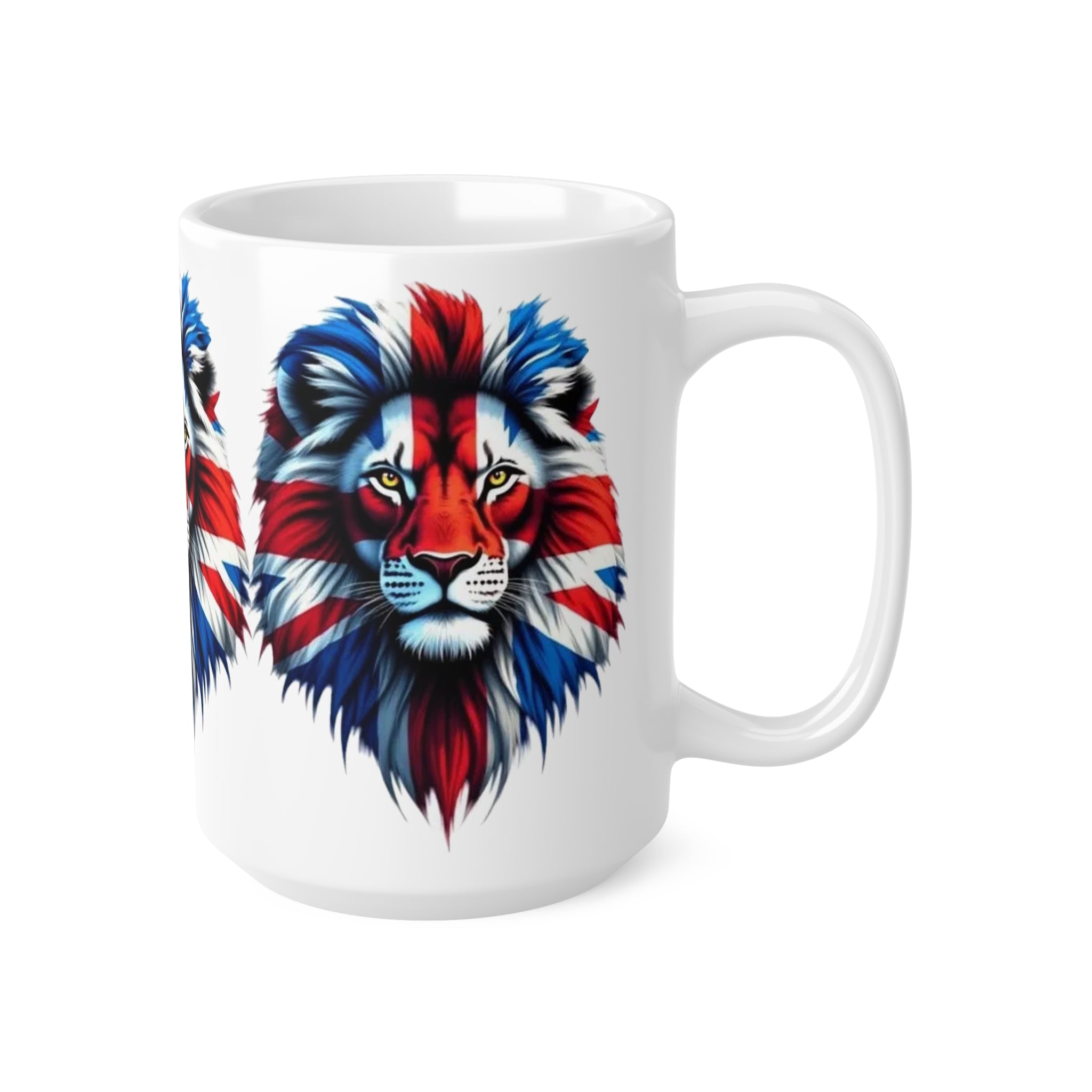 Union Jack 3 Lions Mug — British Flag Ceramic Coffee Cup (11oz & 15oz)