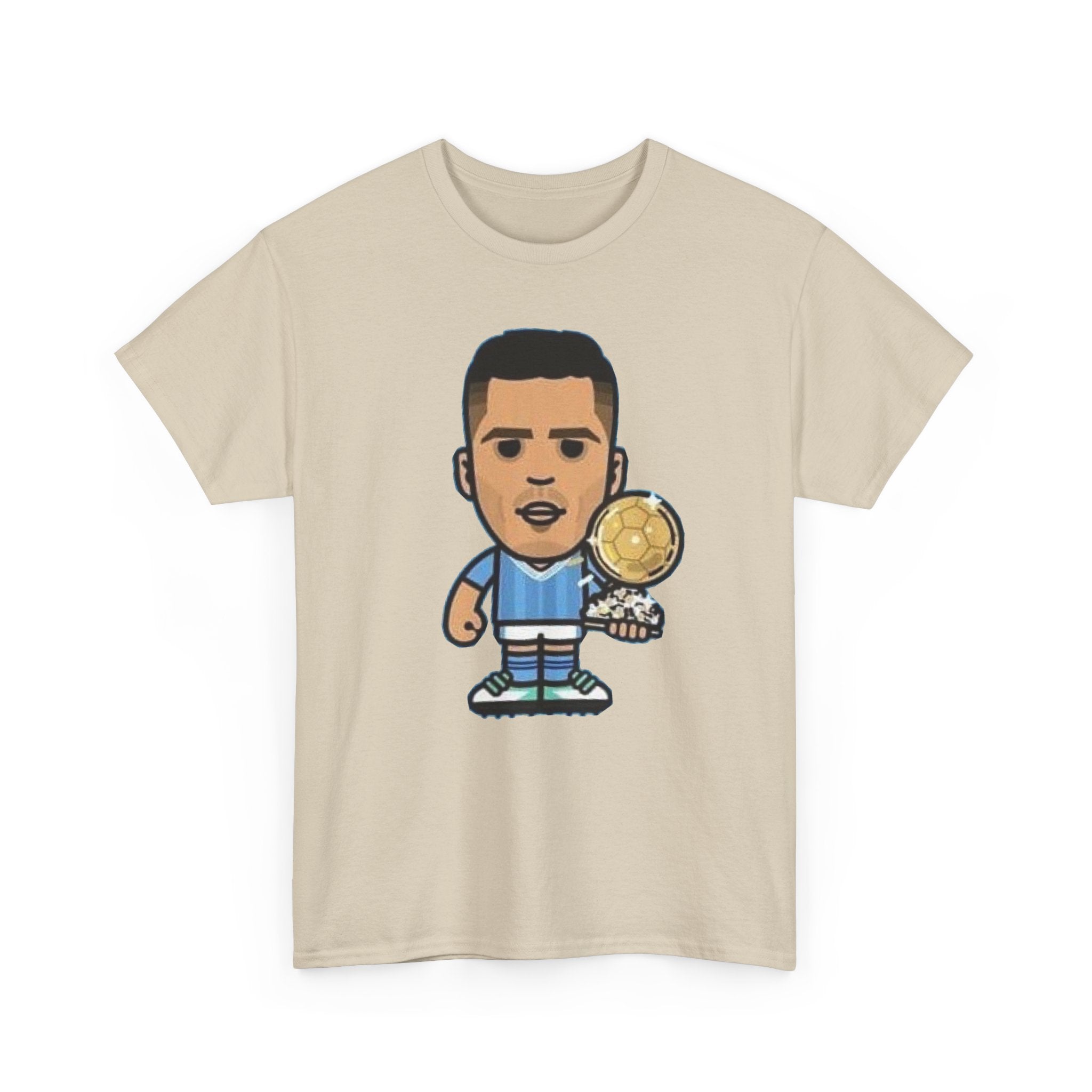 Rodri Manchester City Cartoon Tee — Player Holding Trophy Graphic Shirt
