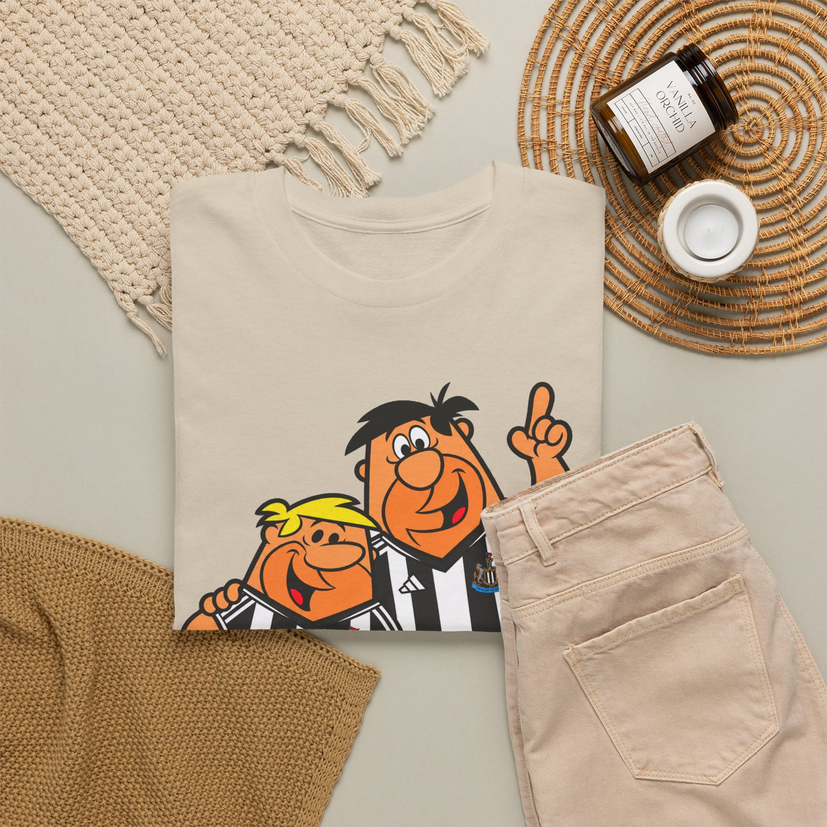 Newcastle United Flintstones Cartoon Cotton T-Shirt / Tee — Retro Striped Jersey Illustrations