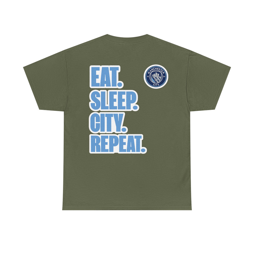 Manchester City T-Shirt – 'Eat. Sleep. City. Repeat.' Football Fan Tee