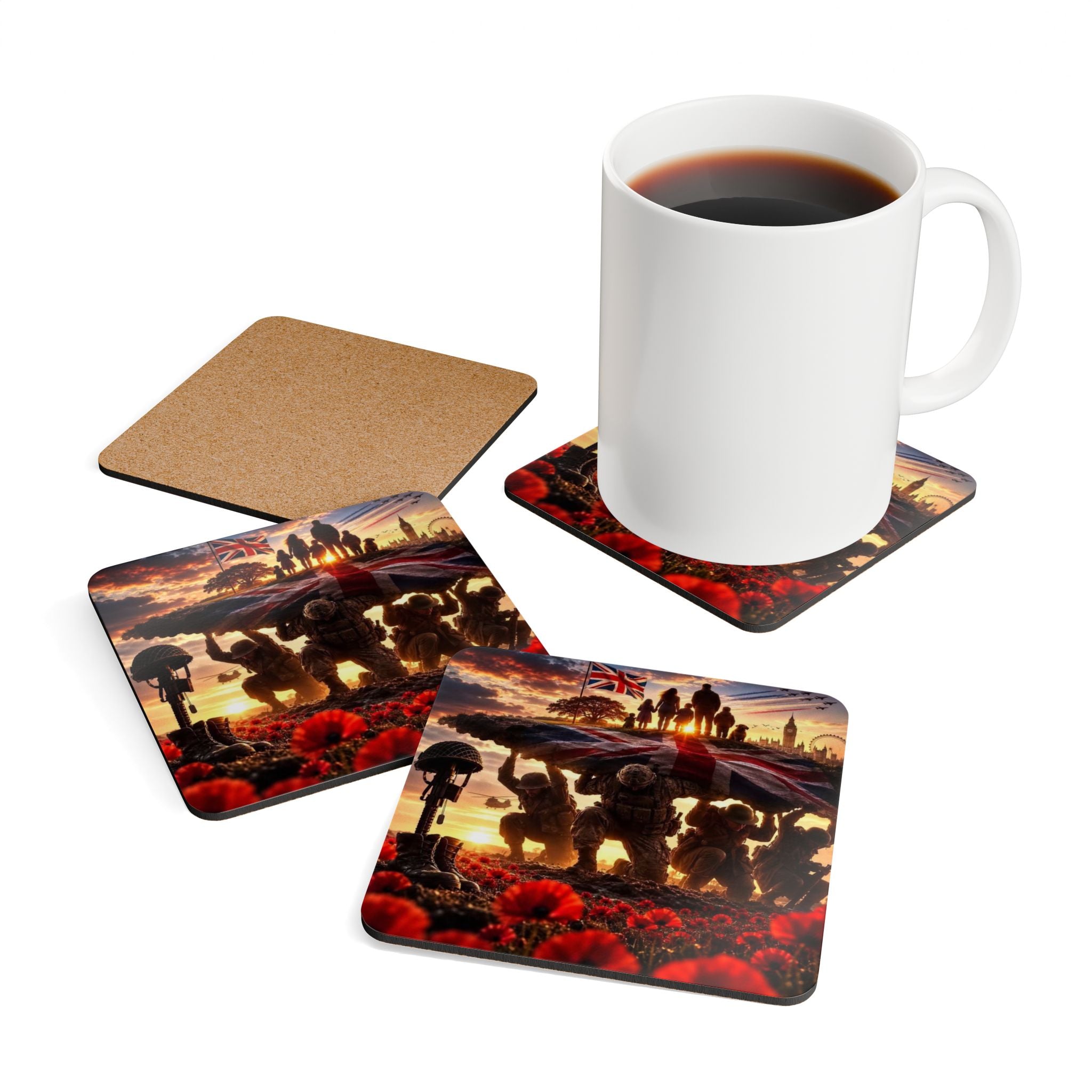 British Remembrance Poppy Cork Coaster Set – Veterans & Memorial Tribute