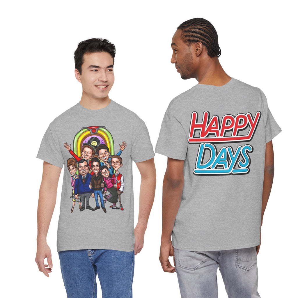 Happy Days Cast Caricature Tee — Retro 70s Sitcom Graphic T-Shirt