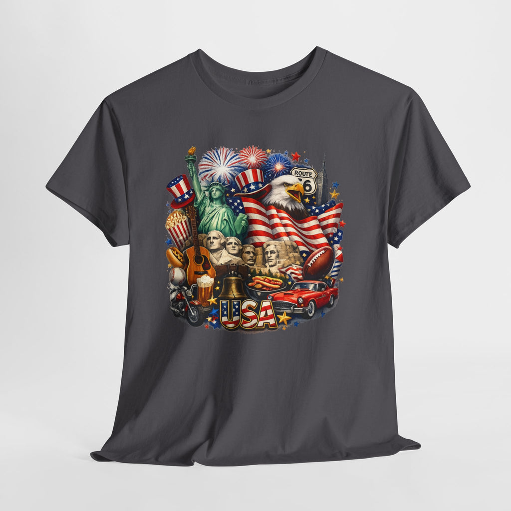 Patriotic USA Graphic Tee – American Flag, Statue of Liberty & Fireworks T-Shirt