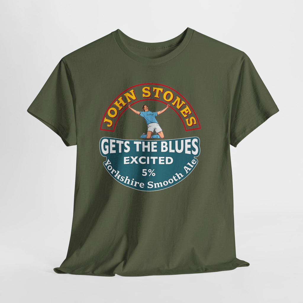 John Stones T-Shirt — "Gets The Blues Excited" Retro Ale Parody Tee
