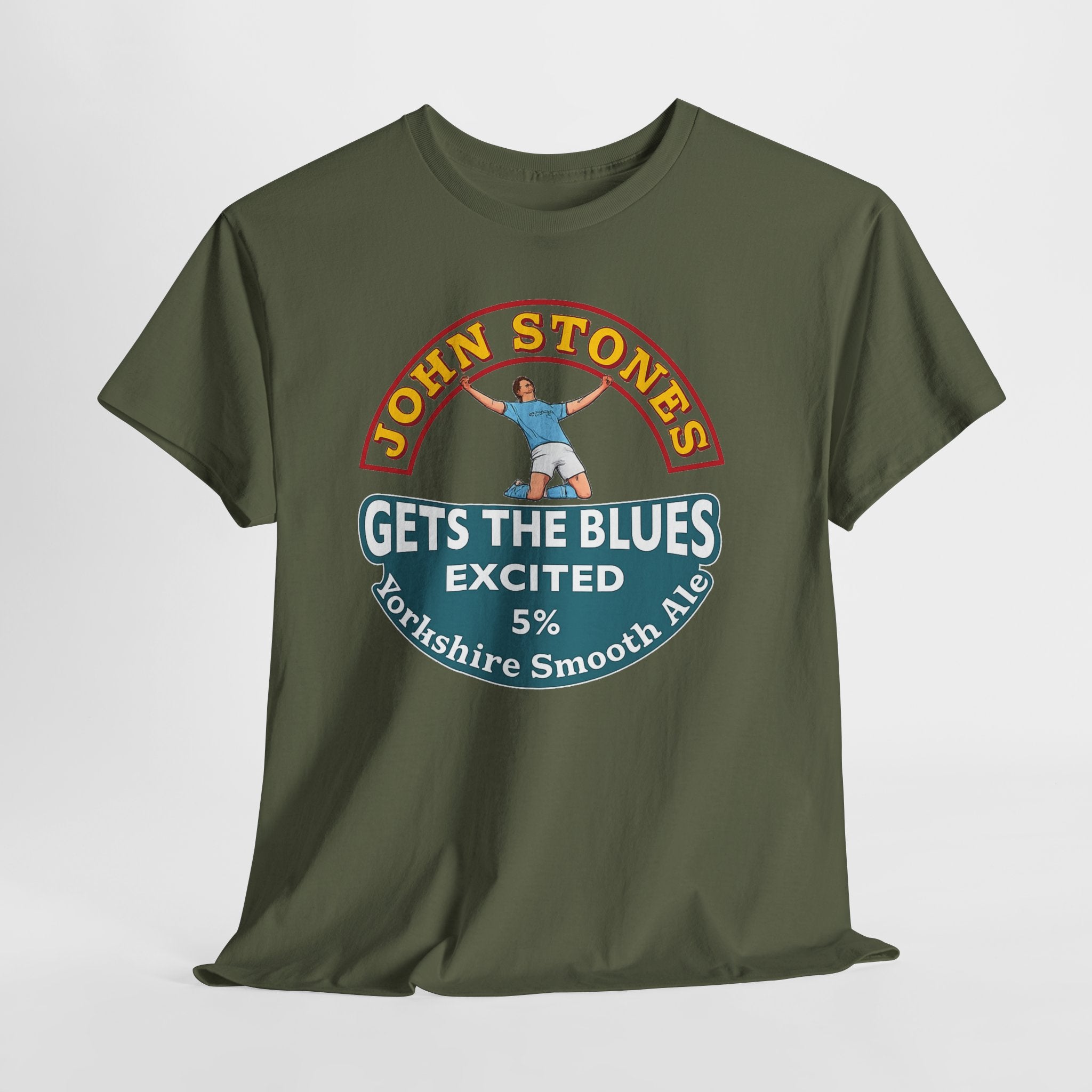 John Stones T-Shirt — "Gets The Blues Excited" Retro Ale Parody Tee
