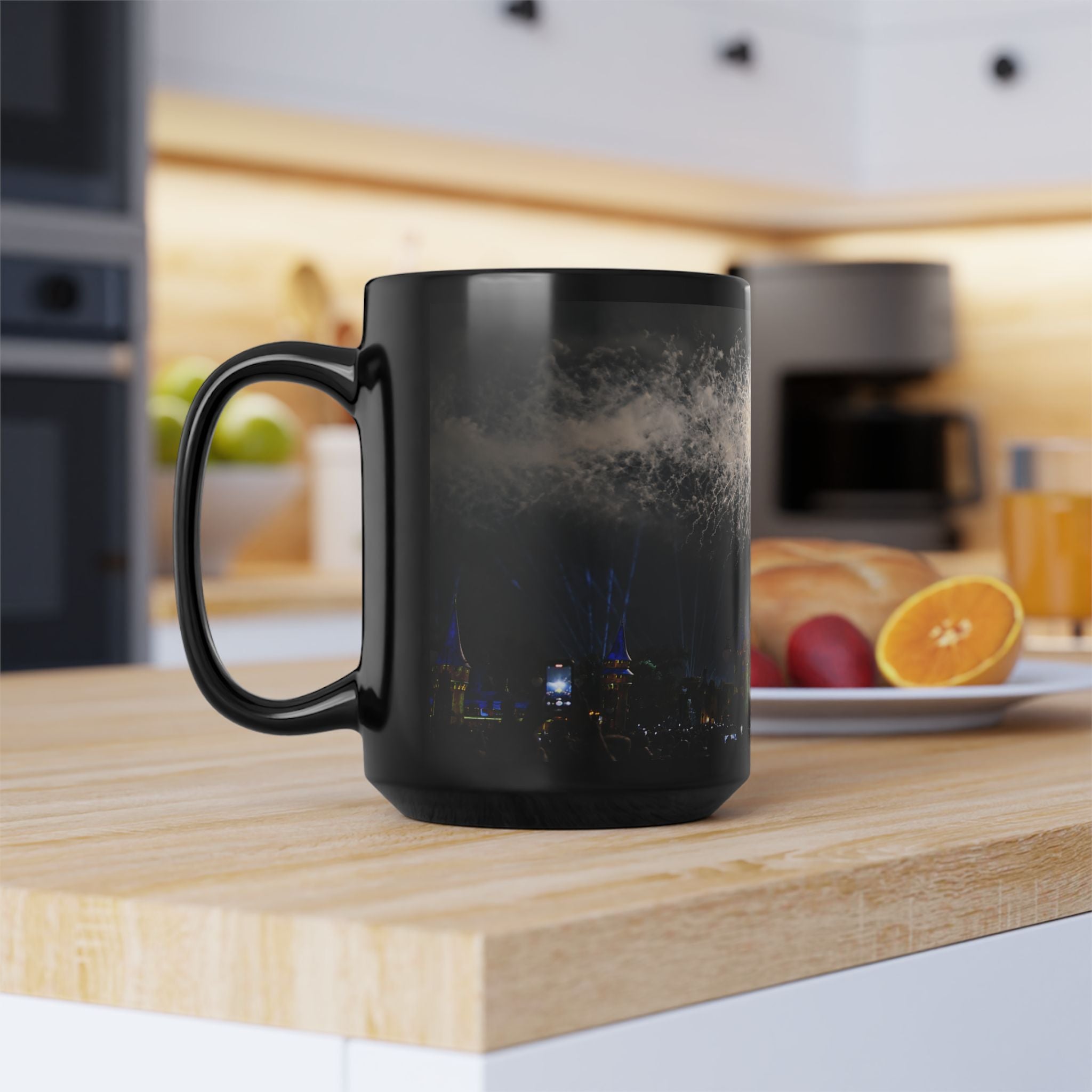 Fireworks MK Castle Black Mug — Nighttime Theme Park Coffee Cup (11oz/15oz)