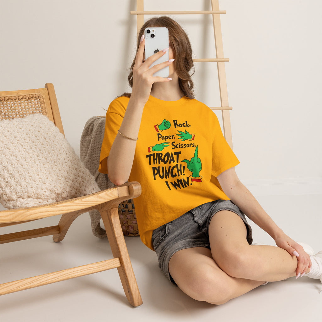 Funny Holiday Tee — "Rock. Paper. Scissors. Throat Punch! I Win" Graphic T-Shirt