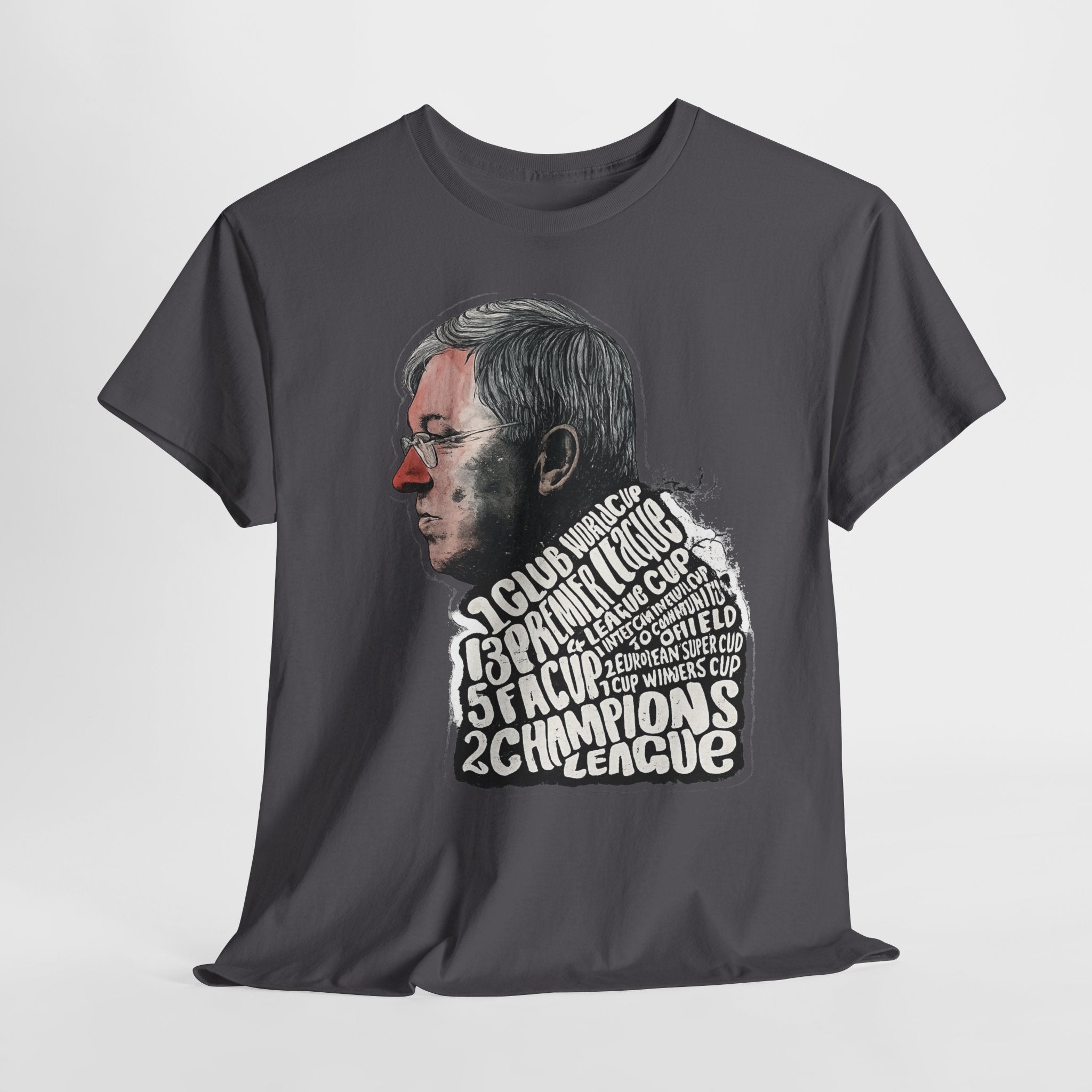 SIr Alex Ferguson Achievements Vintage Football Manager Profile Tee — Illustrated Head with Trophy Text Design