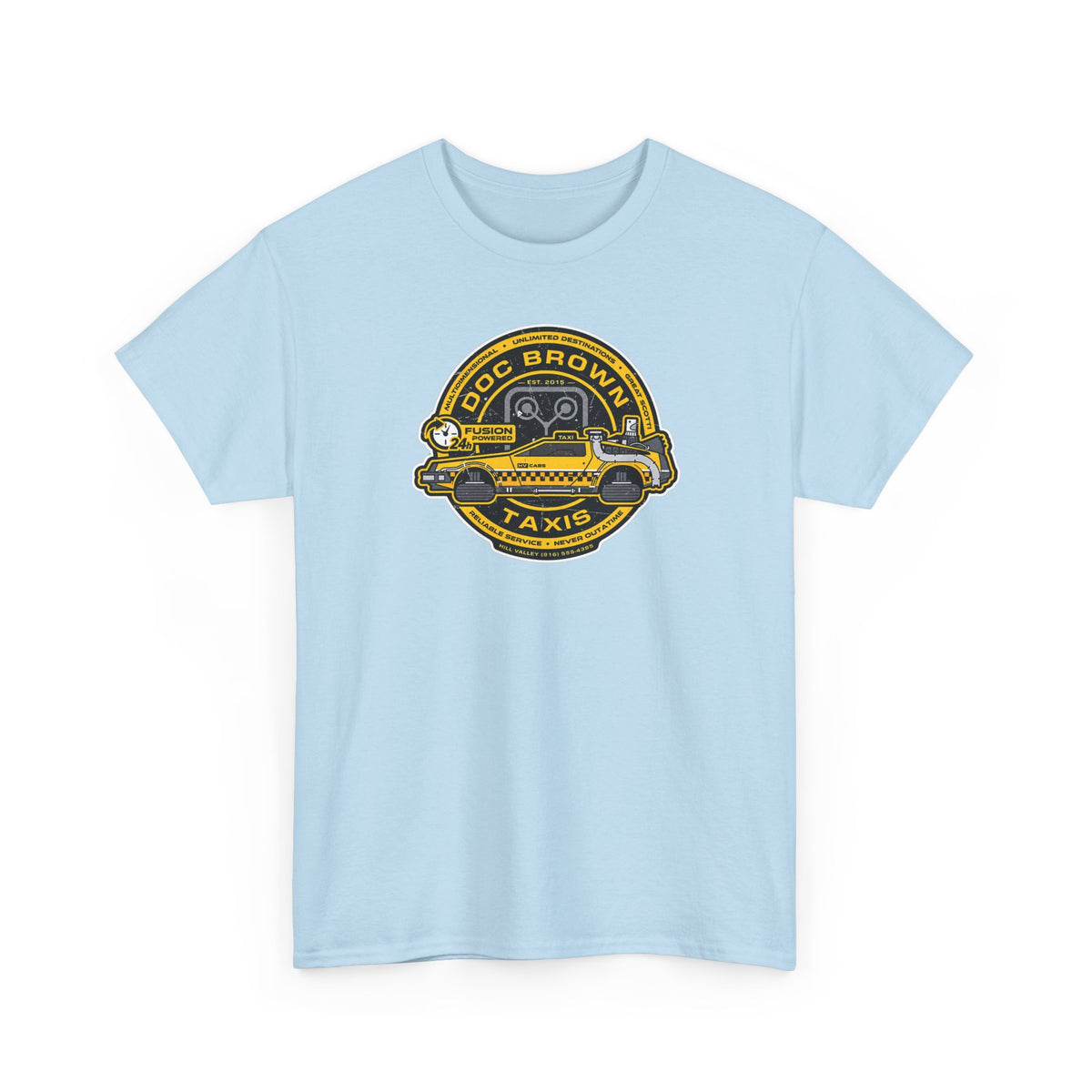 Vintage Taxi Badge T-Shirt — 'Doc Brown Taxis' Retro Cab Logo Tee
