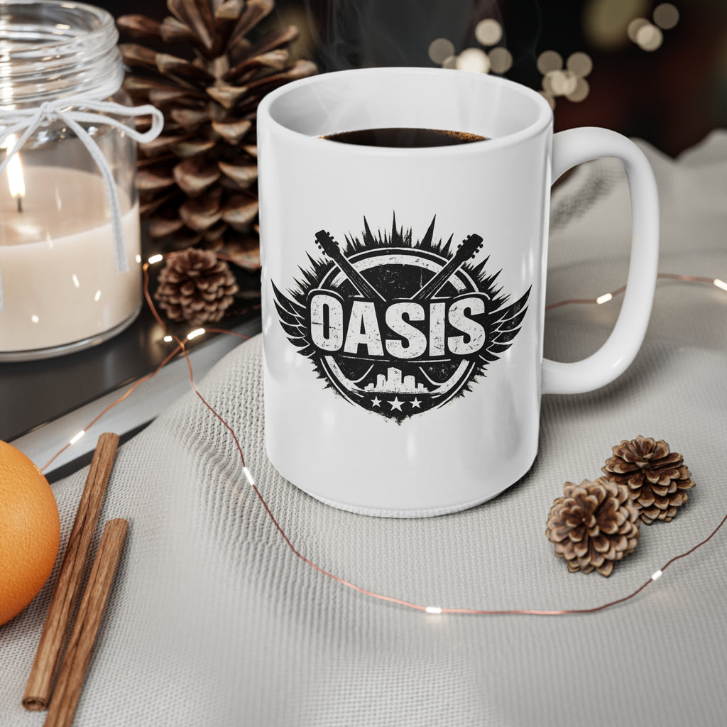 Oasis Crest Ceramic Mug — Rock Band Vintage Logo Coffee Cup (11oz & 15oz)