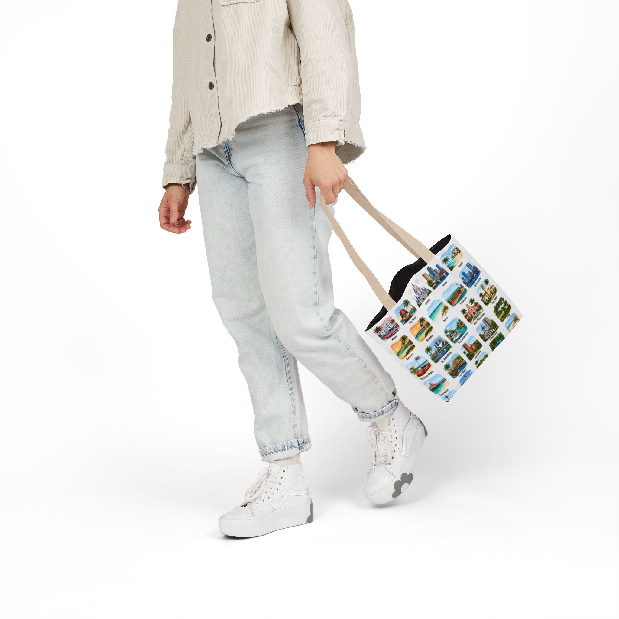 Florida City Landmark Collage Canvas Tote Bag — Vintage Travel Icons Print