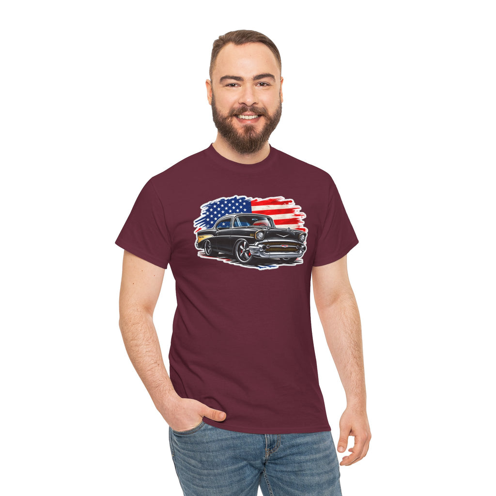 American Muscle Car T‑Shirt — Classic Vintage Car with USA Flag