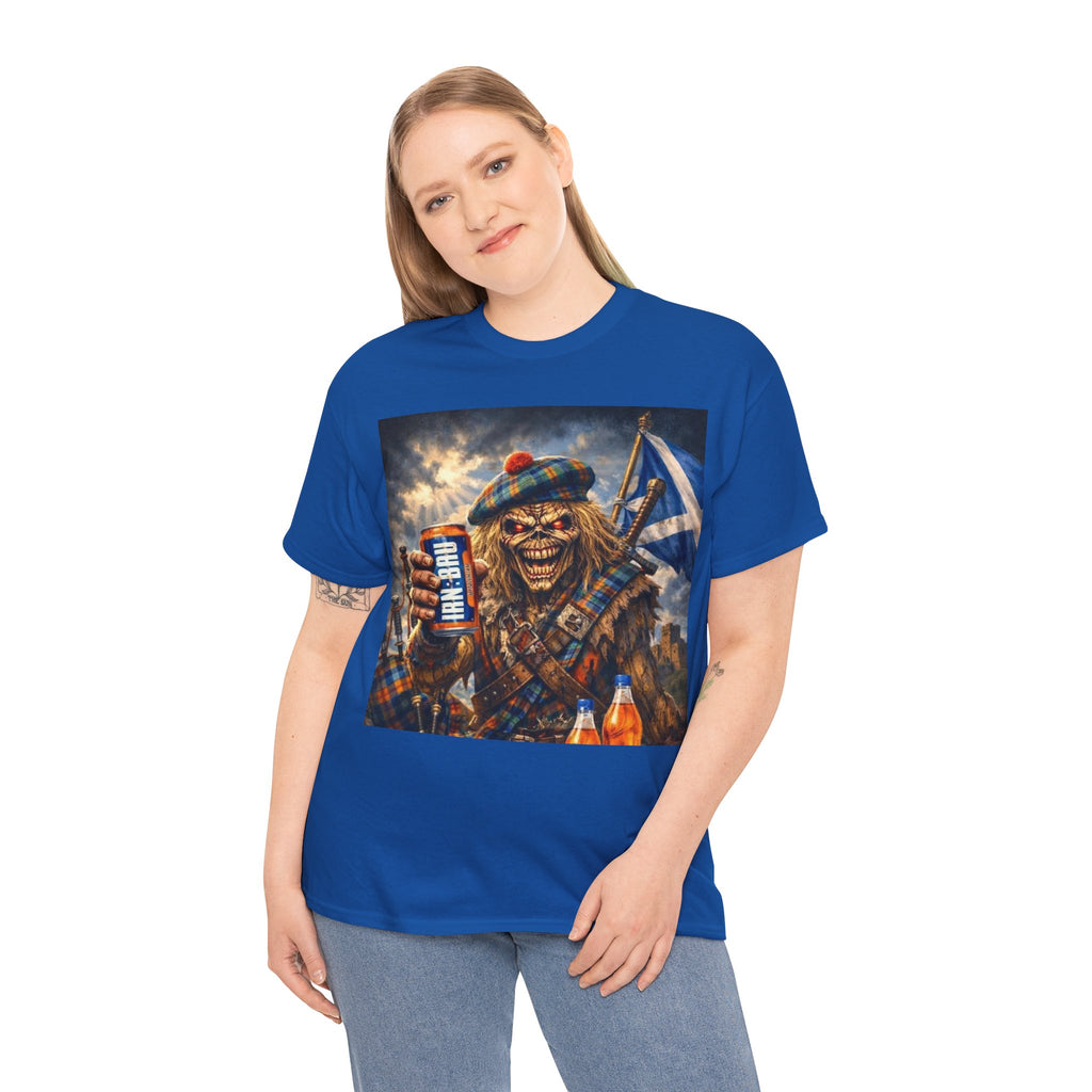Scottish Rock Skull T‑Shirt — Eddie the Piper with Flag & Can Graphic Tee