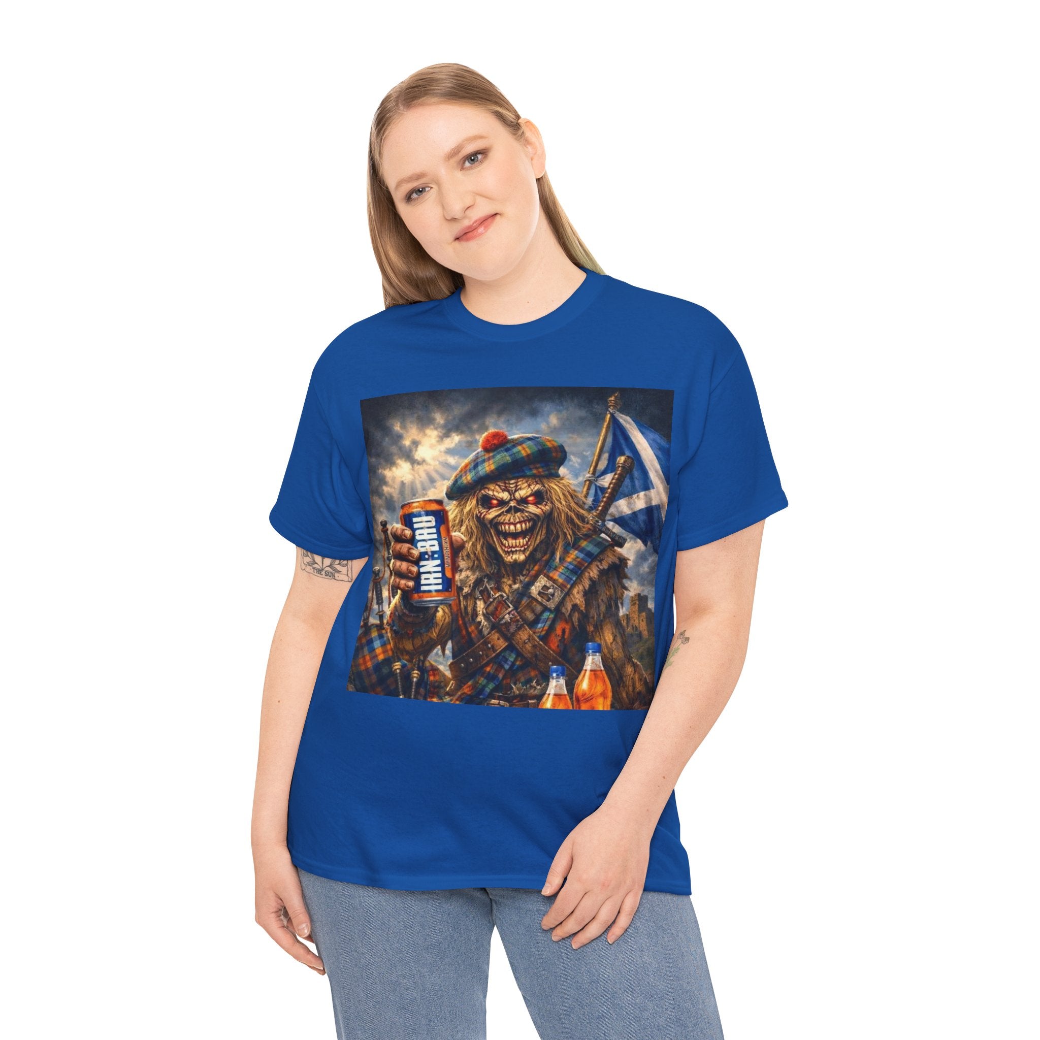 Scottish Rock Skull T‑Shirt — Eddie the Piper with Flag & Can Graphic Tee