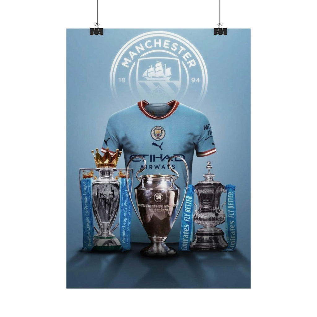 Manchester City Treble Trophies Poster — Rolled Football Wall Art
