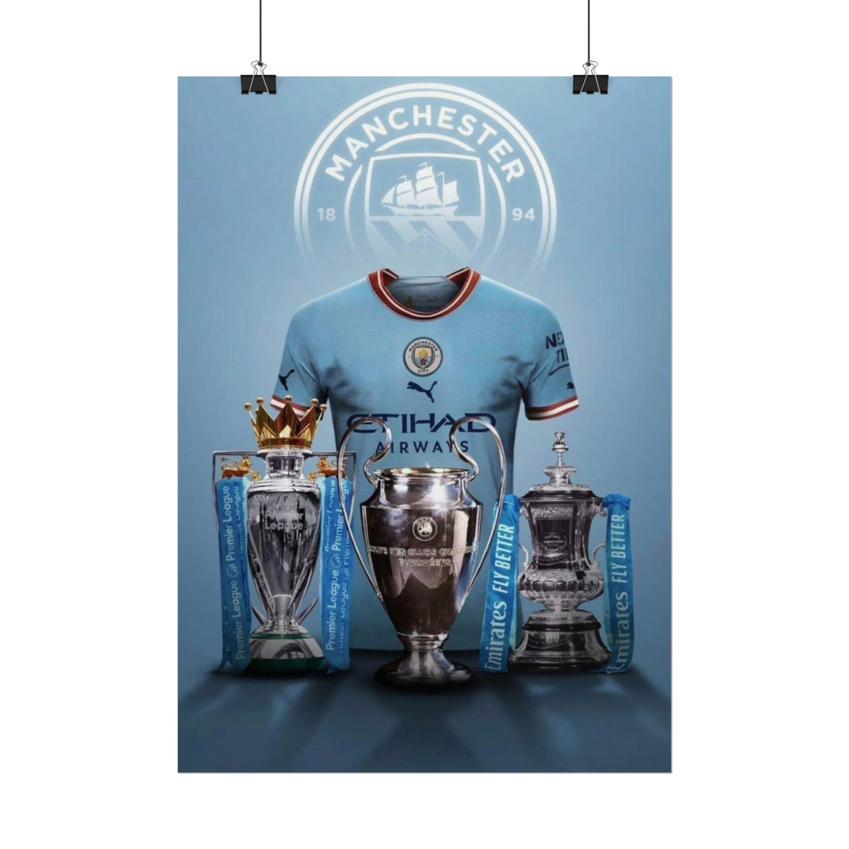 Manchester City Treble Trophies Poster — Rolled Football Wall Art