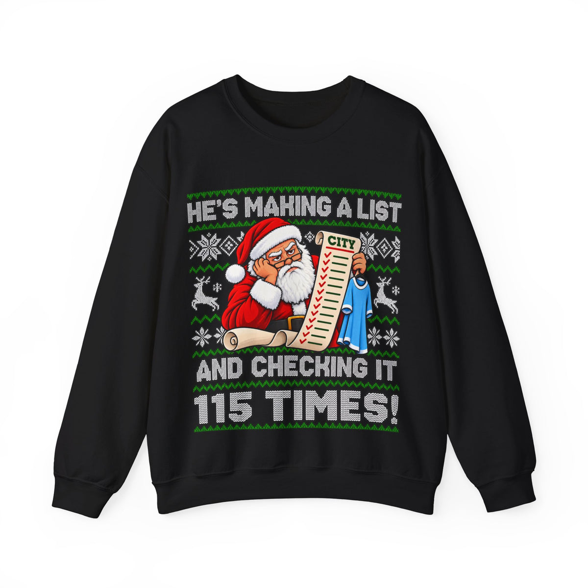 Manchester City Charges Inspired – "He's Making a List and Checking It 115 Times!" Santa Jumper