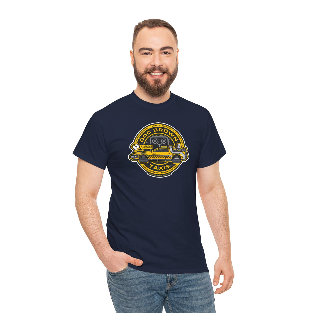 Vintage Taxi Badge T-Shirt — 'Doc Brown Taxis' Retro Cab Logo Tee