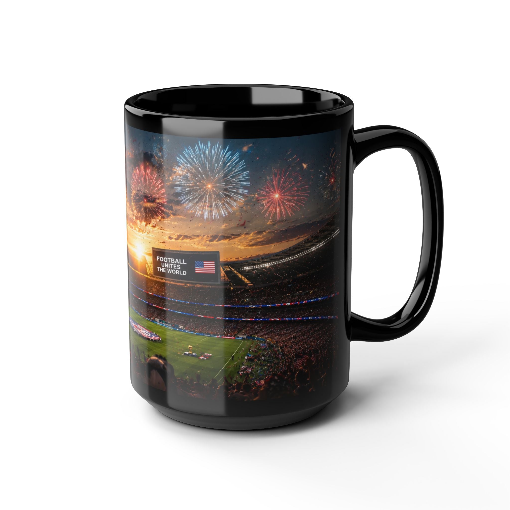 World Cup 2026 Patriotic Stadium Fireworks Black Mug — American Flag Football Game Coffee Cup (11oz/15oz)
