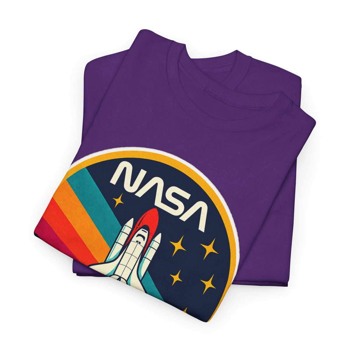 NASA Retro Rocket T‑Shirt — Vintage Space Shuttle Tee with Rainbow Trail