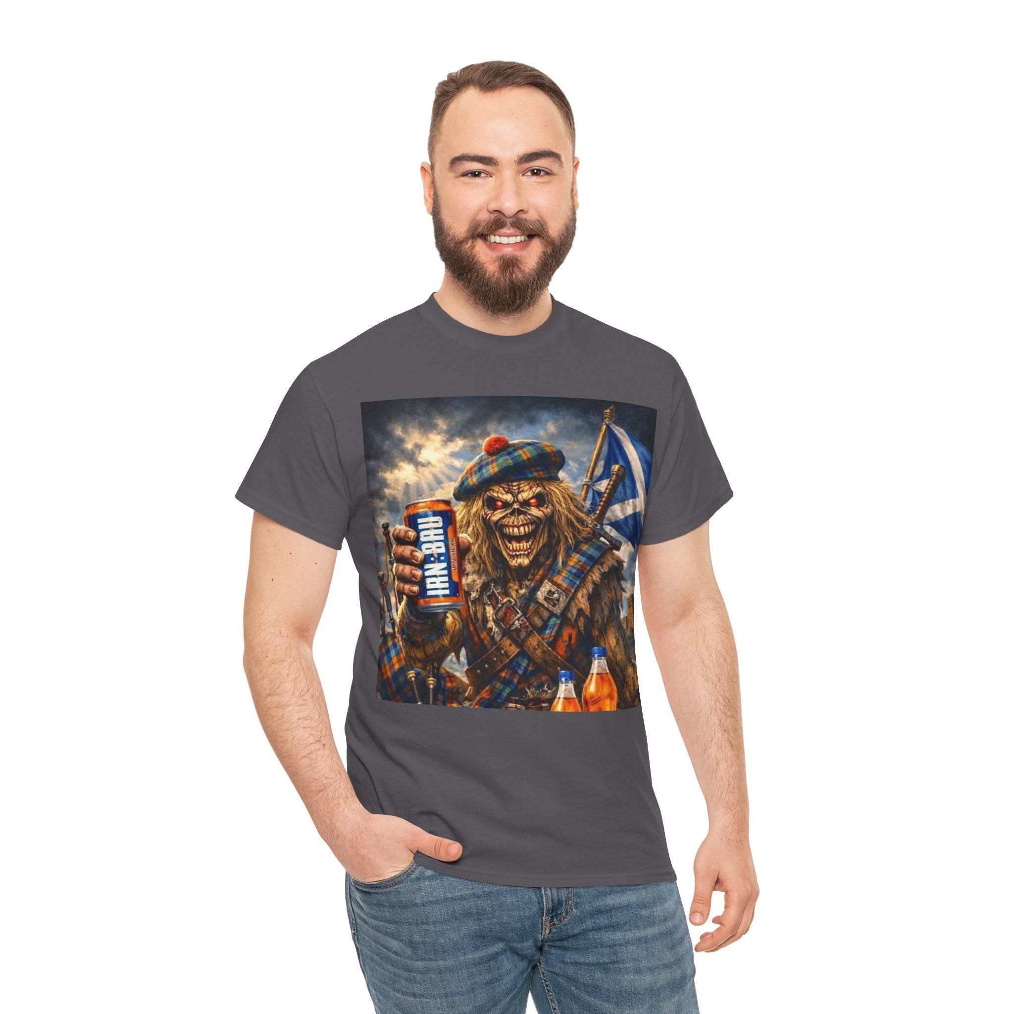 Scottish Rock Skull T‑Shirt — Eddie the Piper with Flag & Can Graphic Tee