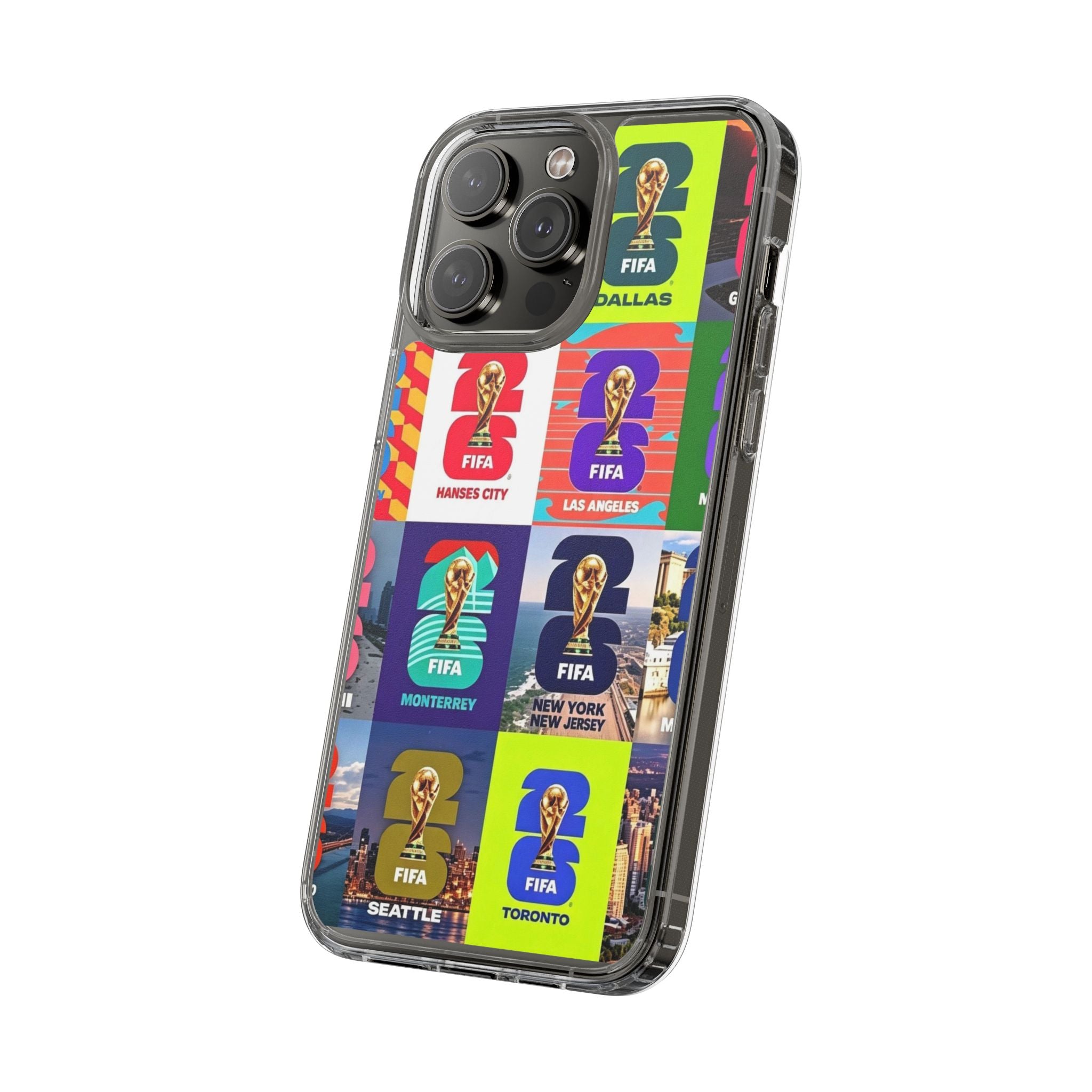 FIFA World Cup Pop Art Clear Phone Case — City Badge Collage (Dallas, LA, Monterrey, Toronto, Seattle)