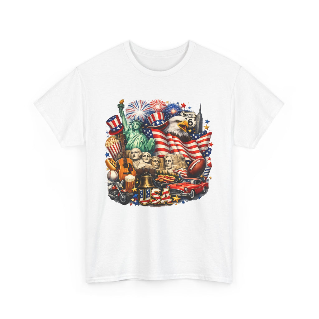 Patriotic USA Graphic Tee – American Flag, Statue of Liberty & Fireworks T-Shirt