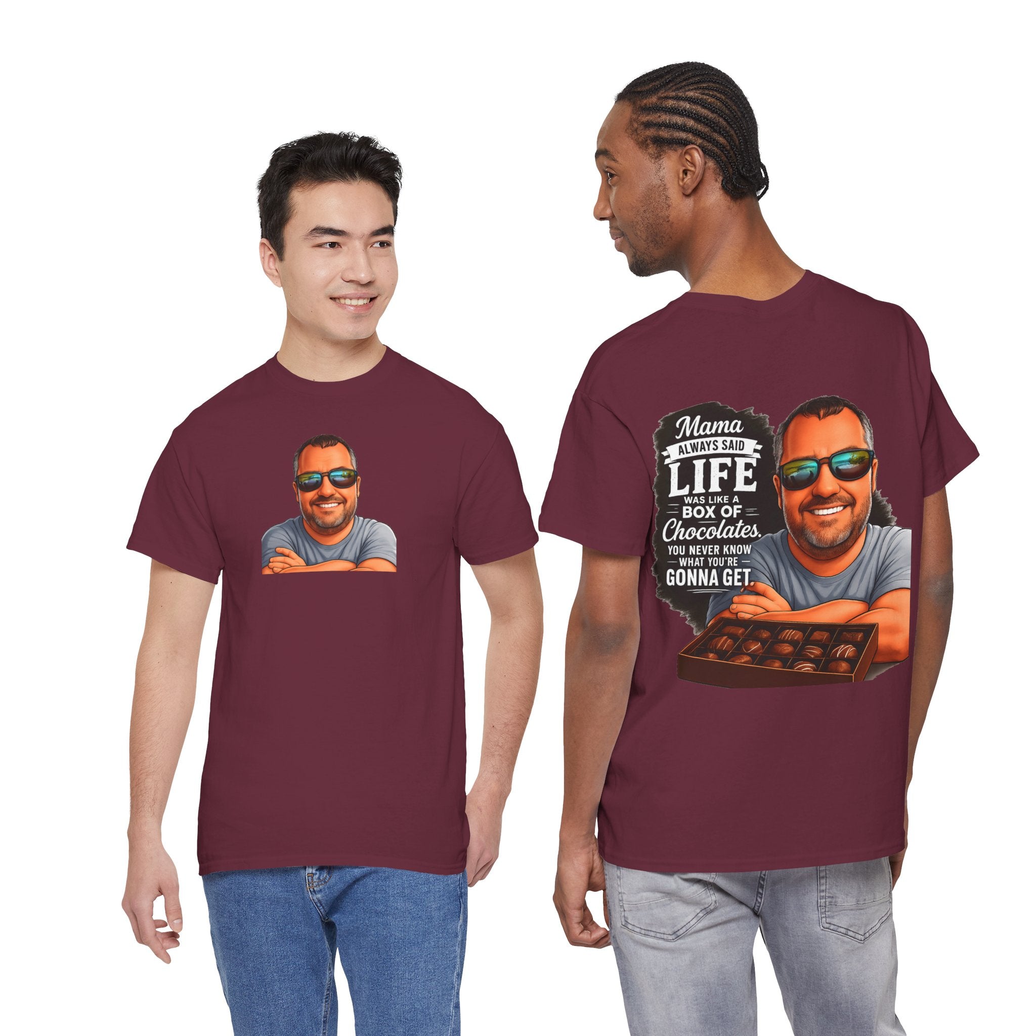 T-Shirt — "Mama Always Said Life Is Like A Box Of Chocolates" Graphic Tee (Funny Retro Portrait)