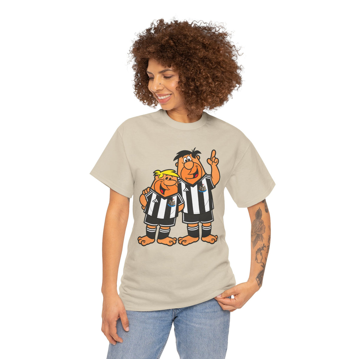 Newcastle United Flintstones Cartoon Cotton T-Shirt / Tee — Retro Striped Jersey Illustrations