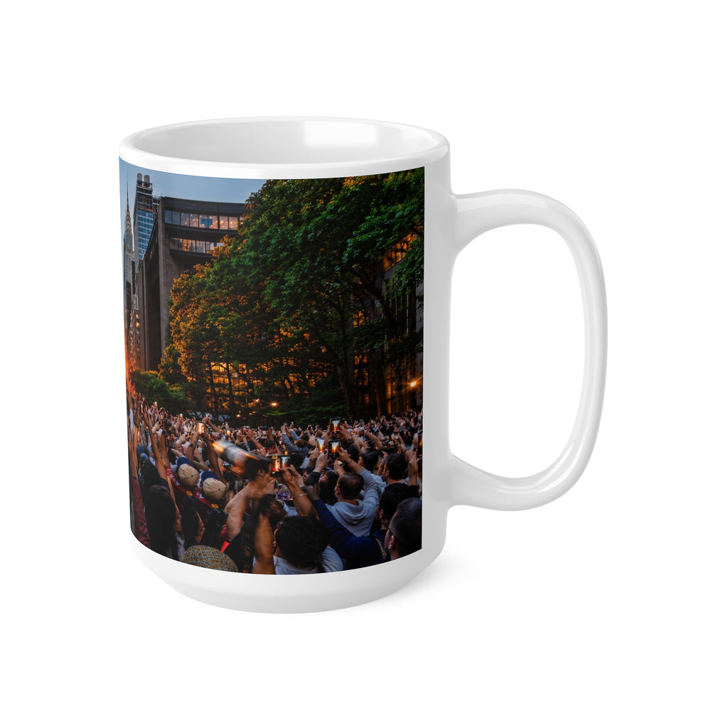 New York City Manhattanhenge Sunset Photo Mug — NYC Skyline Crowd Ceramic Coffee Cup (11oz/15oz)