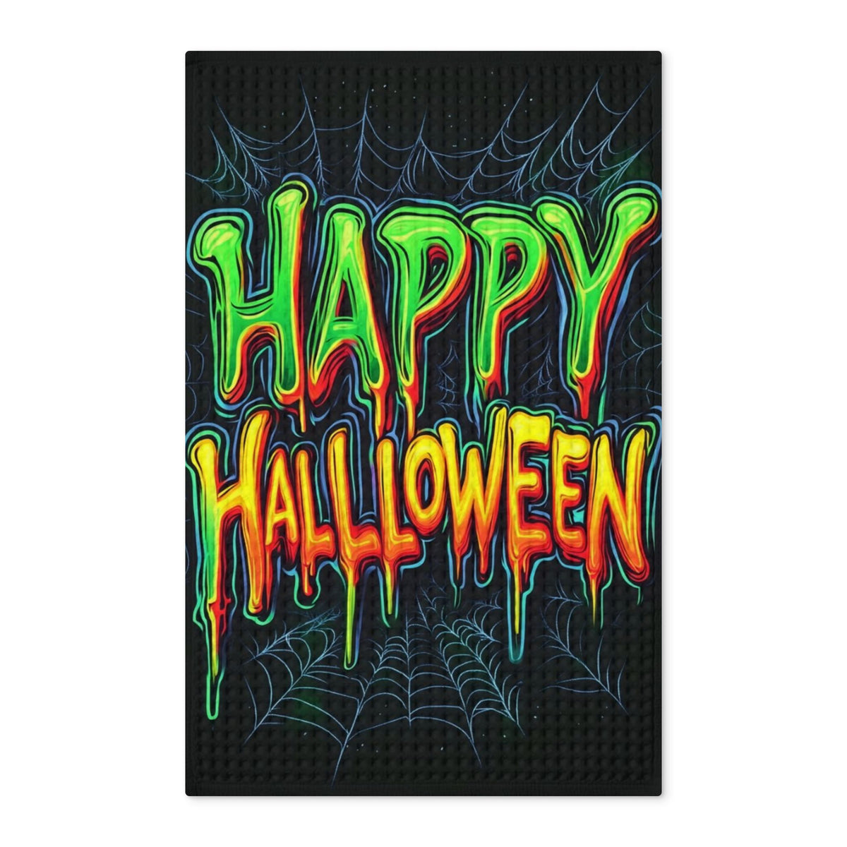 Happy Halloween Waffle Tea Towel – Spooky Dripping Text & Spiderweb Kitchen Towel