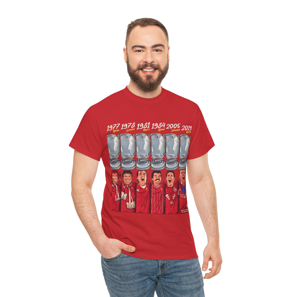 Liverpool Champions Timeline Tee — Liverpool European Cup Winners (1977, 1978, 1981, 1984, 2005, 2019)