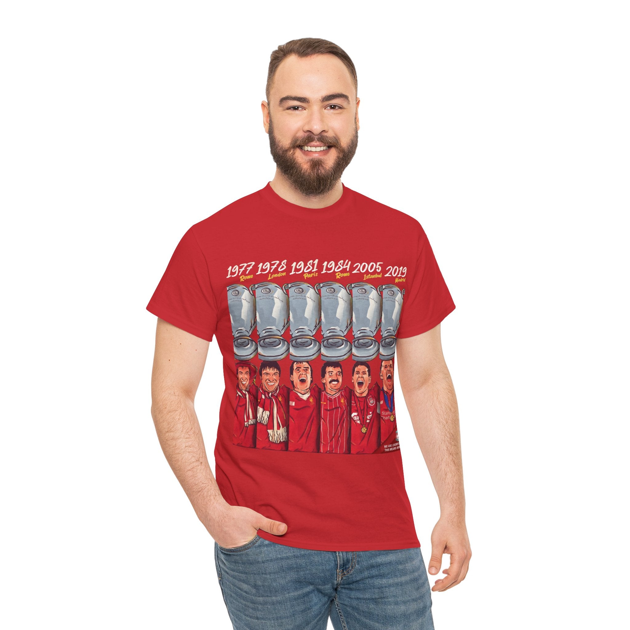 Liverpool Champions Timeline Tee — Liverpool European Cup Winners (1977, 1978, 1981, 1984, 2005, 2019)