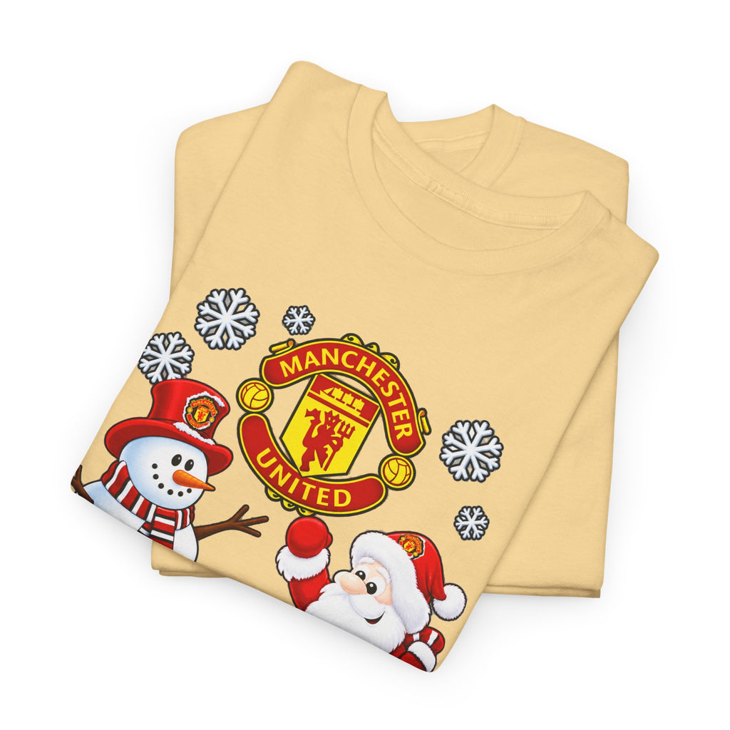 Manchester United Christmas Cotton Tee — Santa & Snowman Football Holiday Shirt