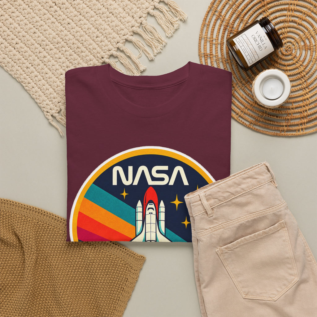NASA Retro Rocket T‑Shirt — Vintage Space Shuttle Tee with Rainbow Trail