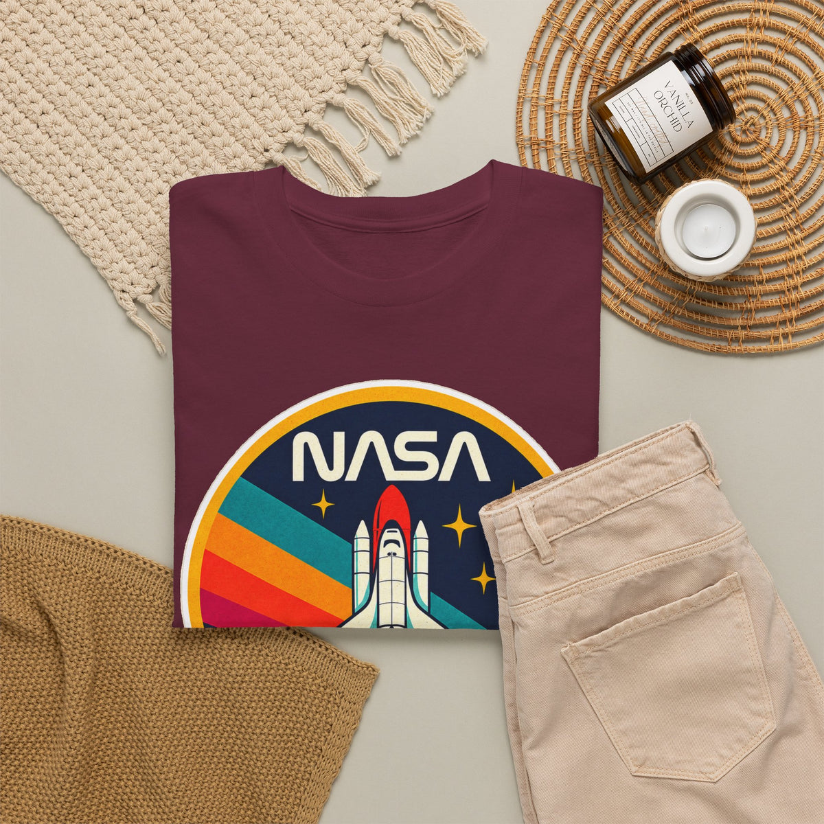 NASA Retro Rocket T‑Shirt — Vintage Space Shuttle Tee with Rainbow Trail