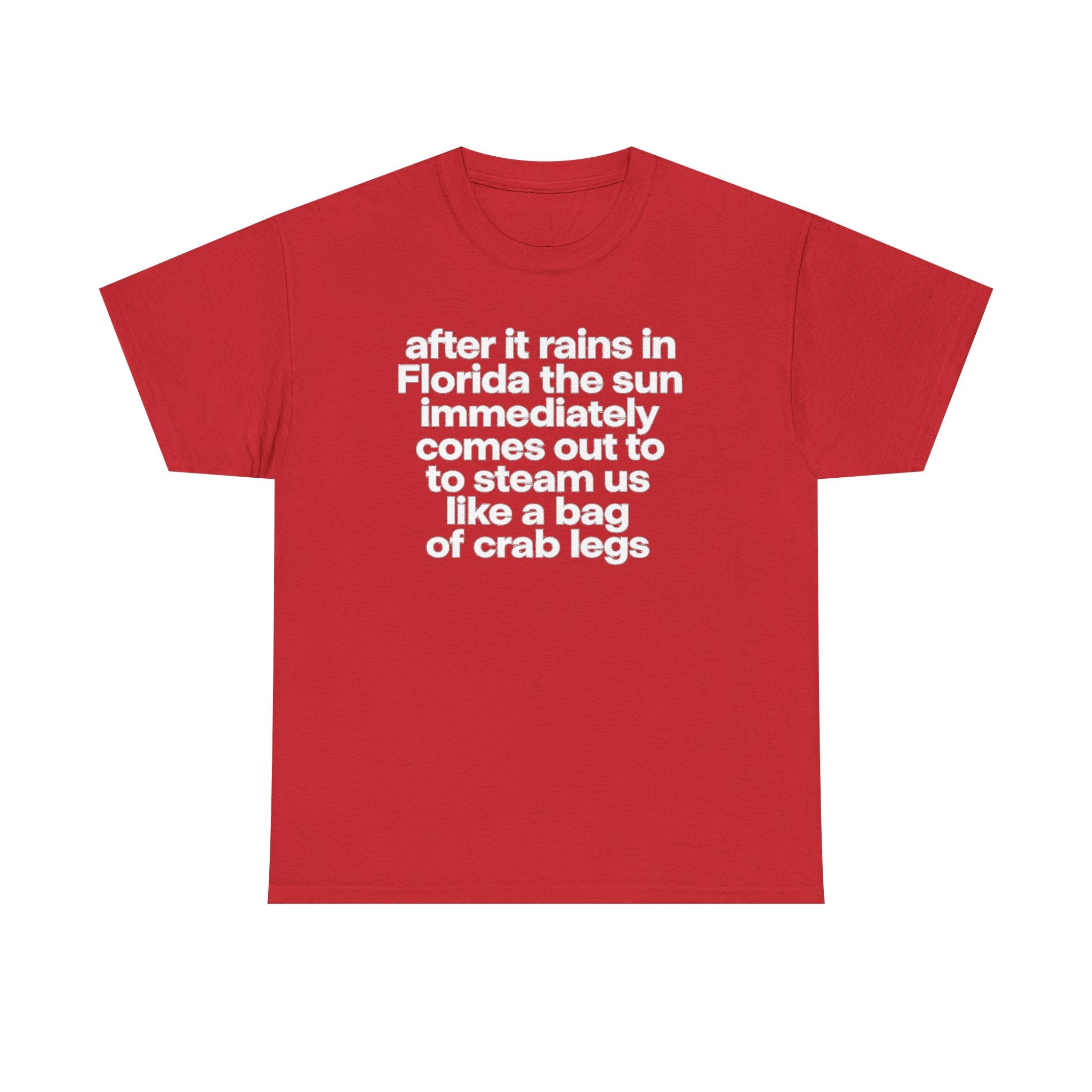 T-Shirt — "after it rains in Florida the sun immediately comes out to steam us like a bag of crab legs" Funny Florida Weather Tee