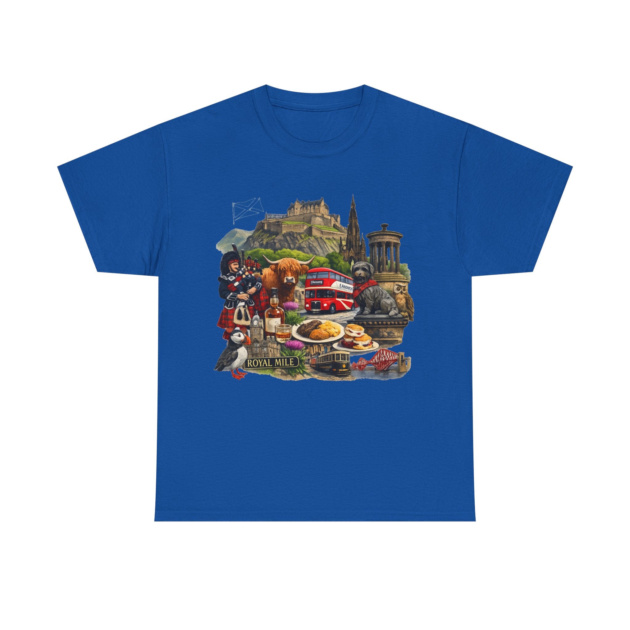 Scotland / Edinburgh Travel Collage T-Shirt — Edinburgh Castle, Bagpipes & Local Icons
