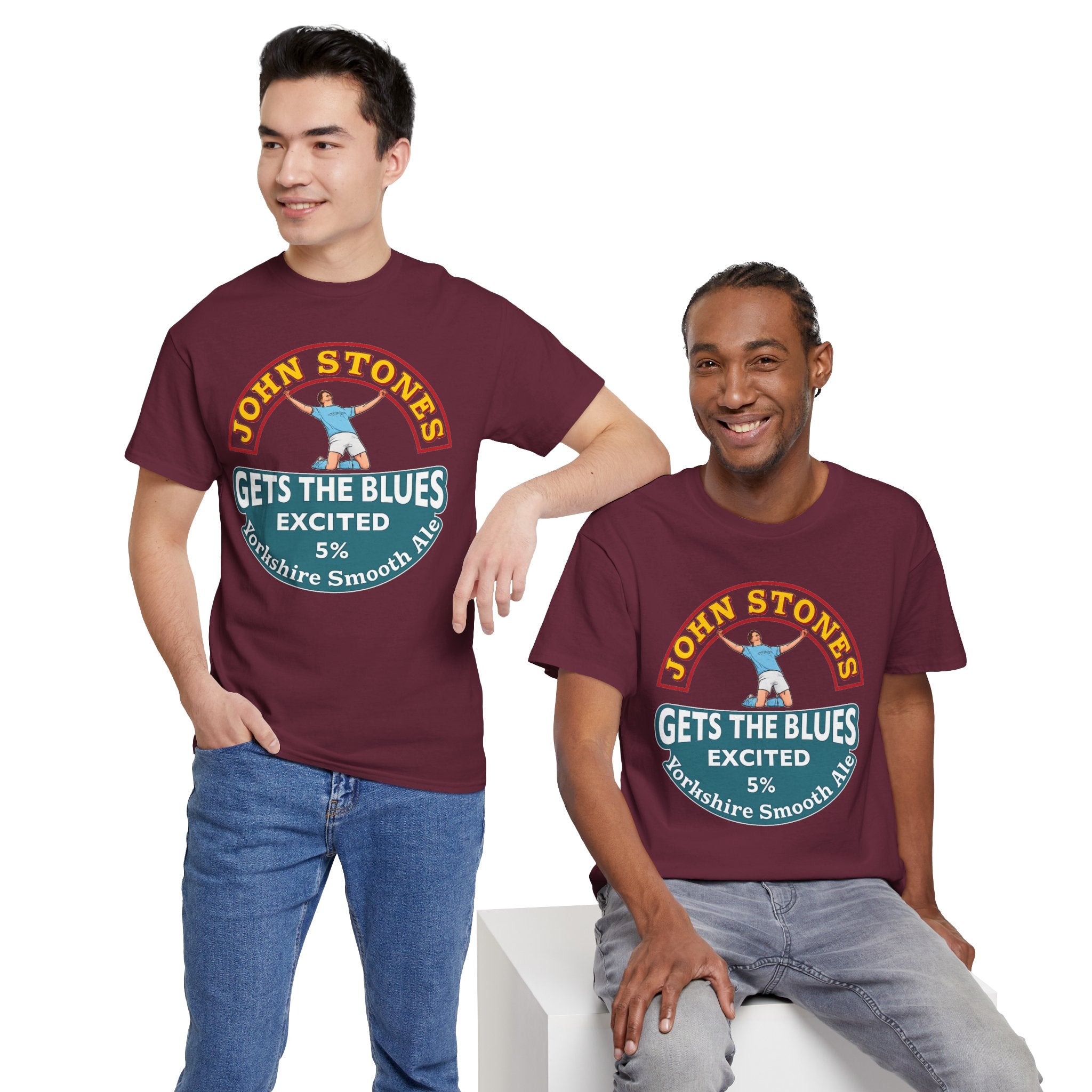 John Stones T-Shirt — "Gets The Blues Excited" Retro Ale Parody Tee