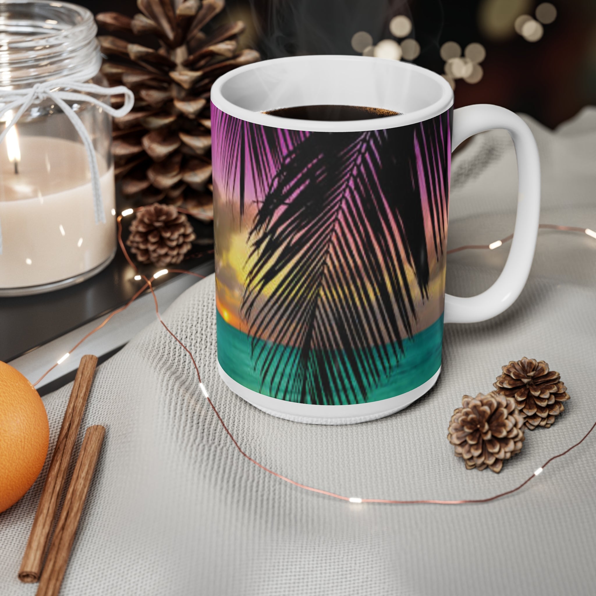 Tropical Sunset Coffee Mug — Palm Tree Beach Sunrise Ceramic Mug (11oz & 15oz)