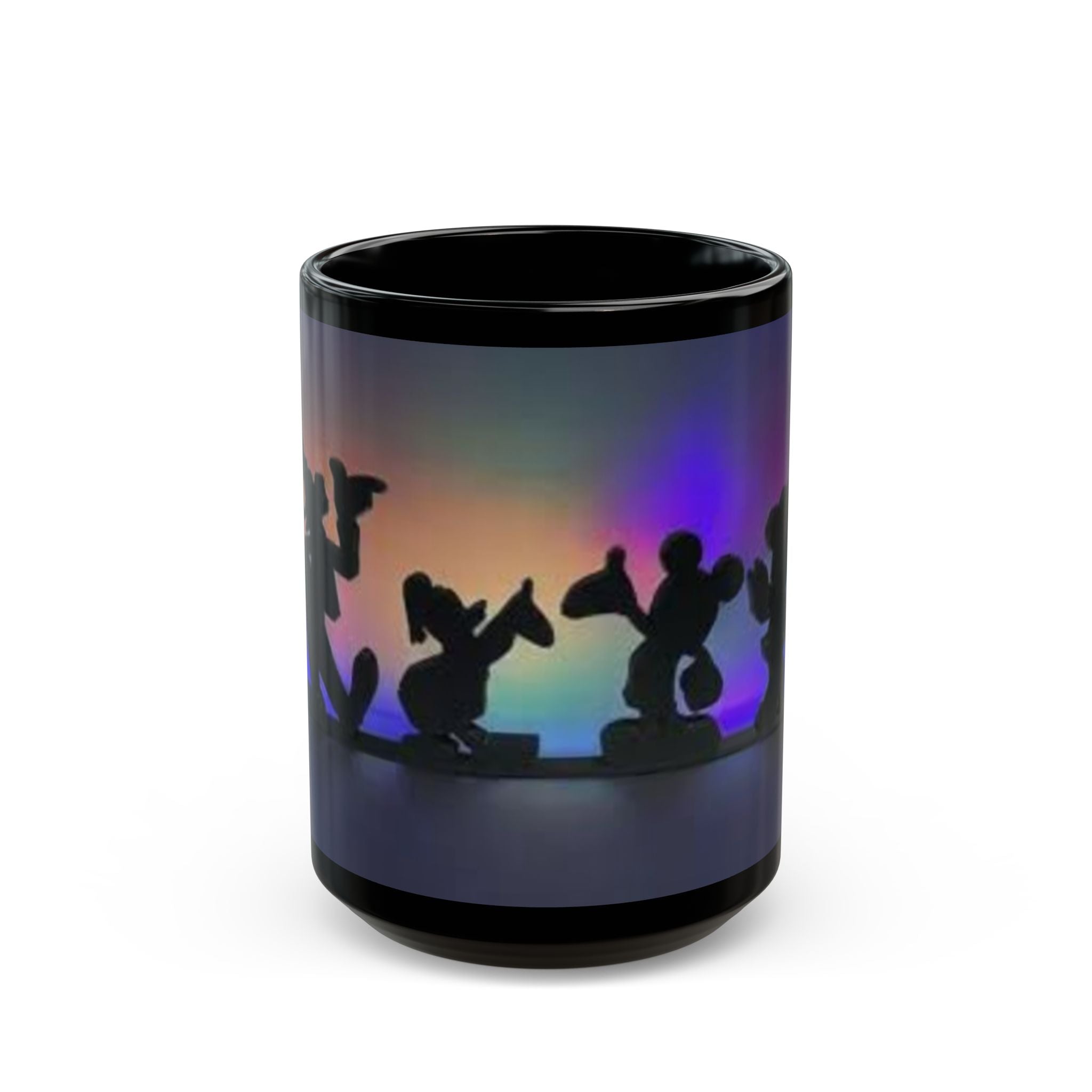 Silhouette Cartoon Characters Black Coffee Mug – Colorful Backlight Disney-Inspired 11oz/15oz