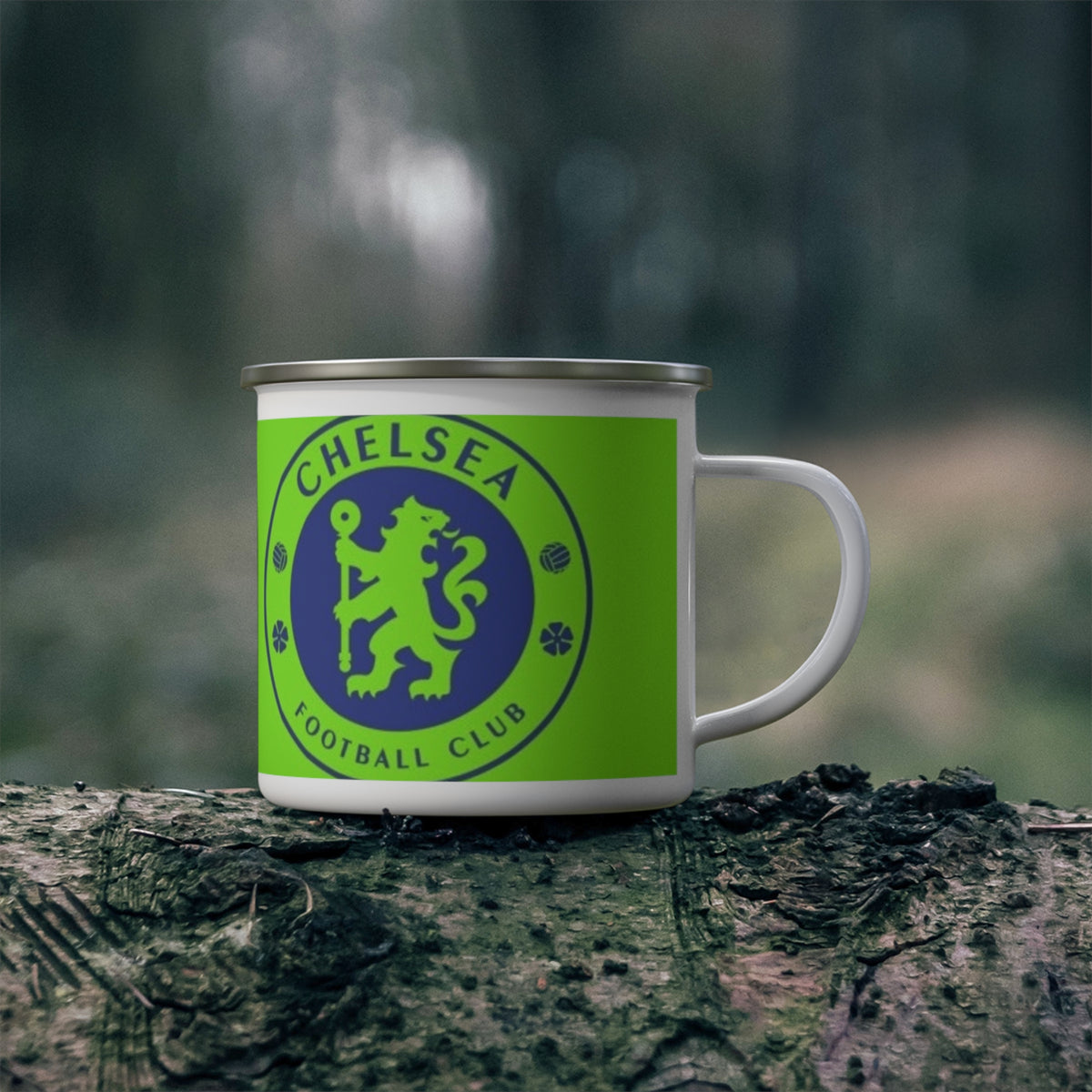 Chelsea Football Club Inspired Enamel Camping Mug — Neon Green Crest Camp Coffee Cup