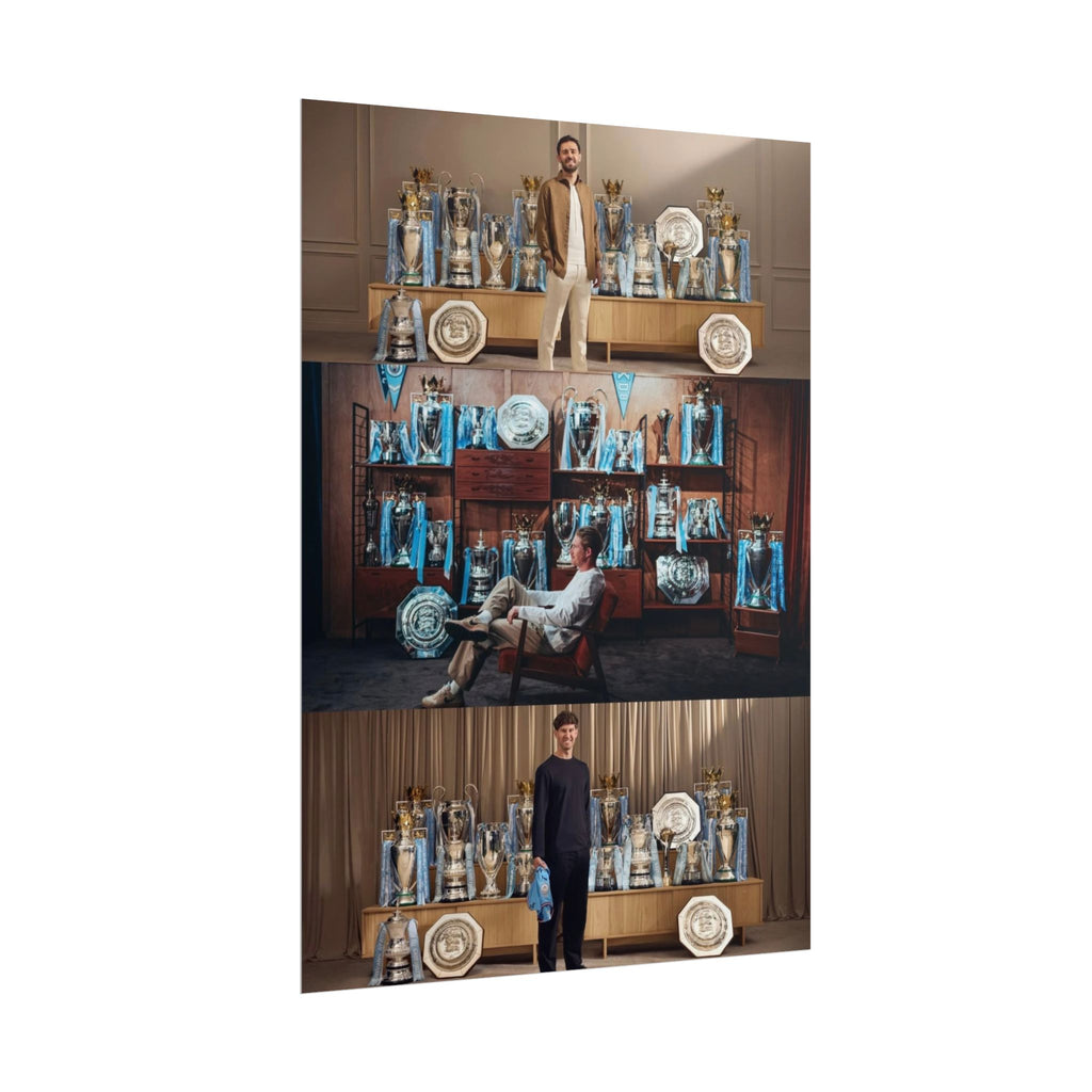 Silva, De Bruyne & Stone Trophies Manchester City Rolled Poster — Vintage Trophy Room Photo Collage