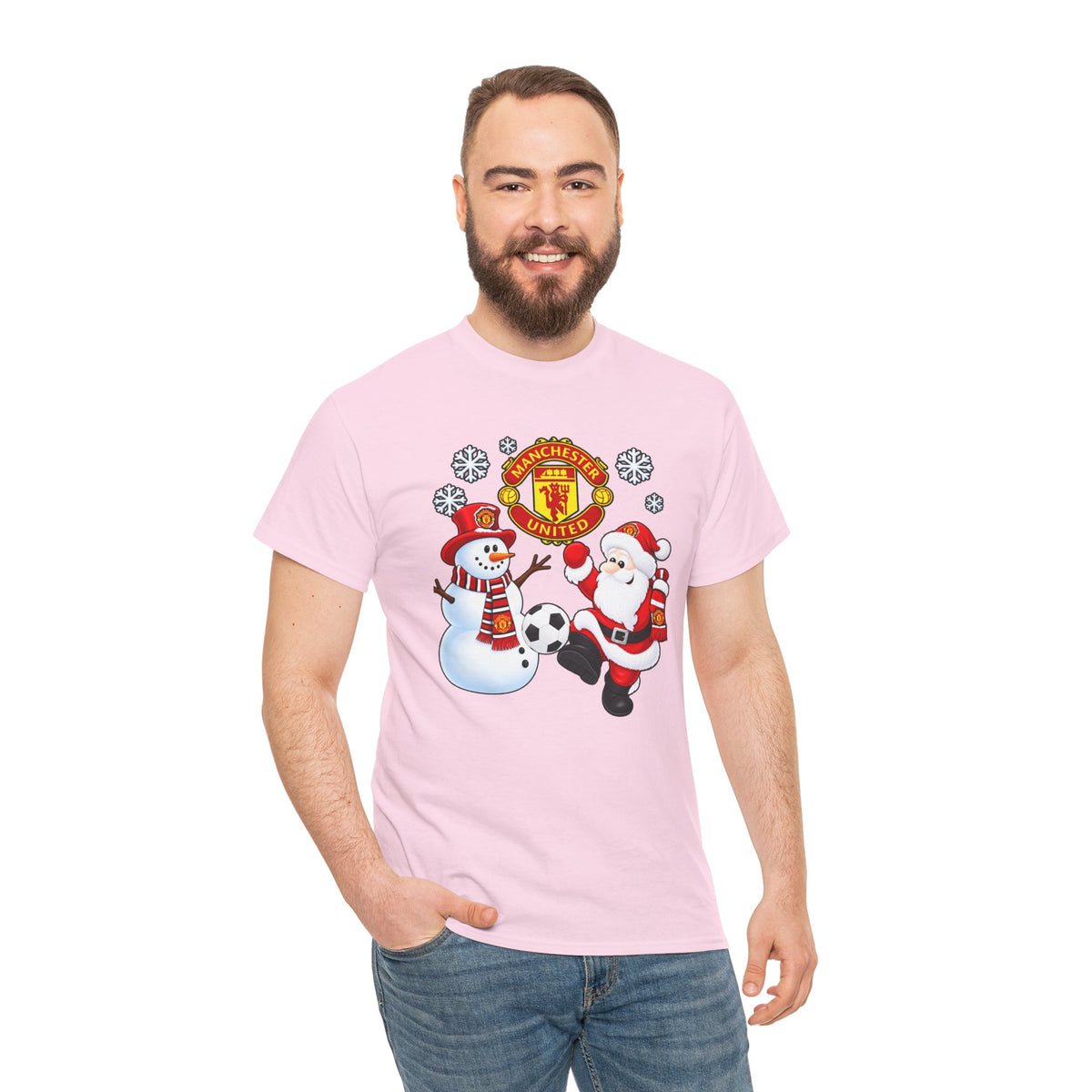 Manchester United Christmas Cotton Tee — Santa & Snowman Football Holiday Shirt
