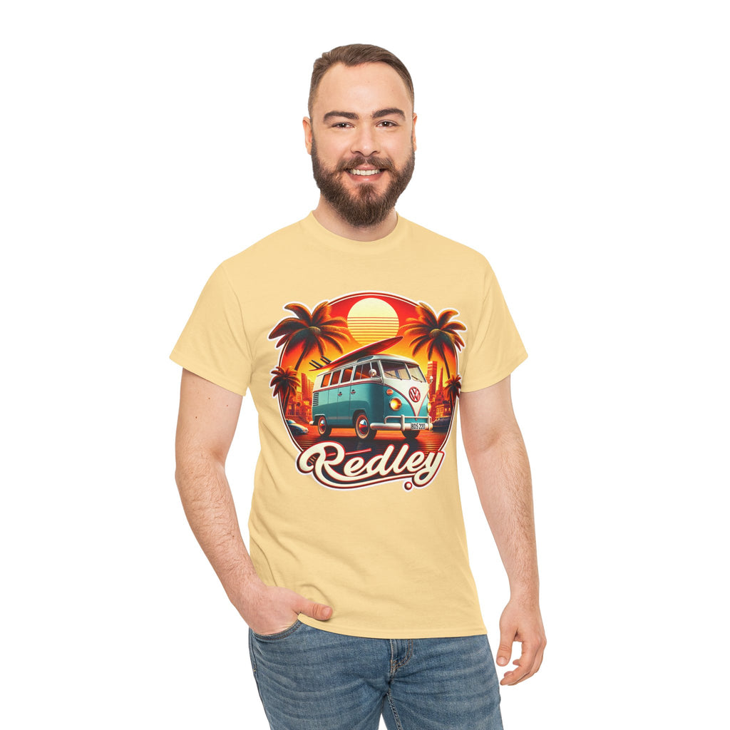Vintage Surf Van T-Shirt – Retro Beach Sunset Tee with 'Redley' Script
